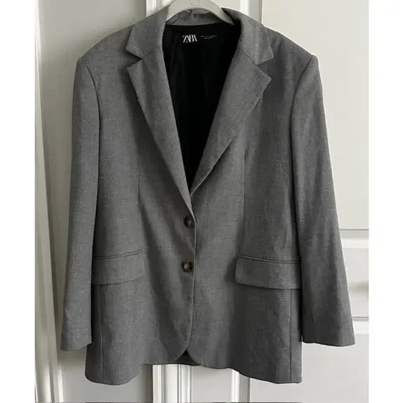 ZARA Gray Tailored Double Button Blazer Women's Small Glen 540 - Picture 2 of 10